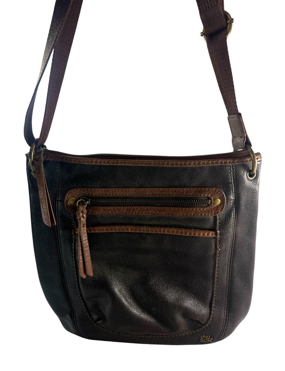 The Sak Black Leather Crossbody Bag Brown Trim Adjustable Strap Pockets